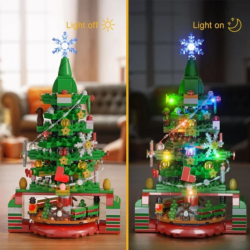 Christmas Tree and Decorations Santa Claus Sleigh Snowman Building Blocks Toys Suit with Light Kit for Children\'s Gifts