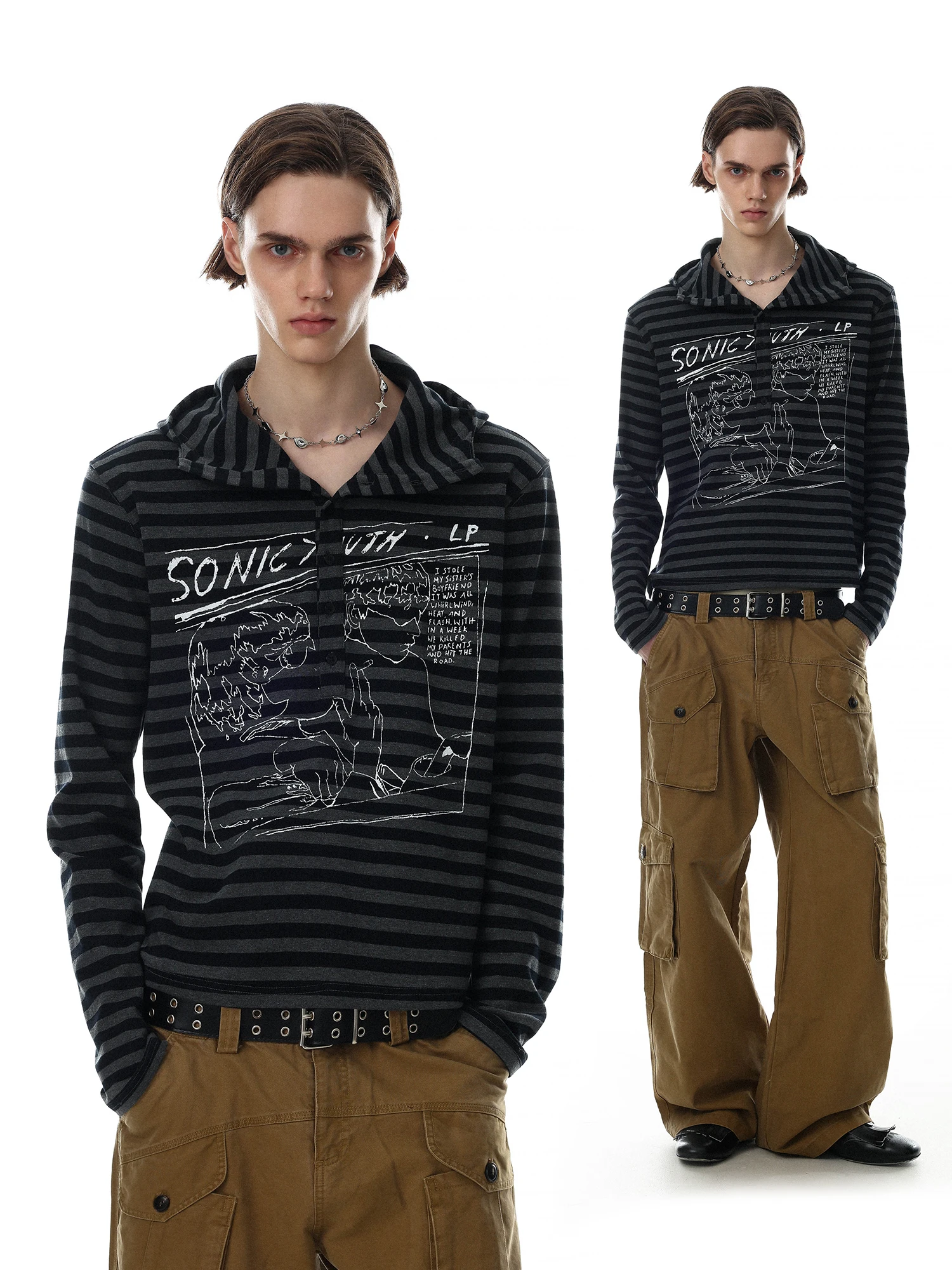 American Retro Striped Color Block Hoodie Men's Loose Design Printed Long Sleeve Top Trendy Casual Comfortable Fit T-Shirt