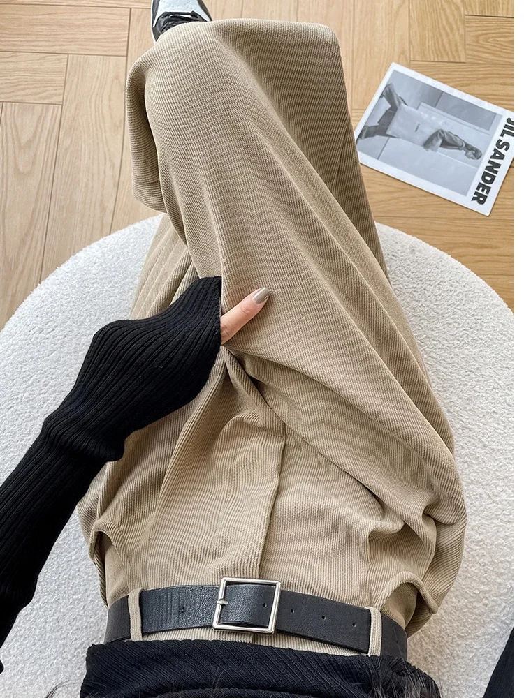 Khaki Women\'s Corduroy Pants with Fleece 2024 Spring Wide Leg Pants Baggy Straight Slim Suit Trousers for Winter Warm Joggers