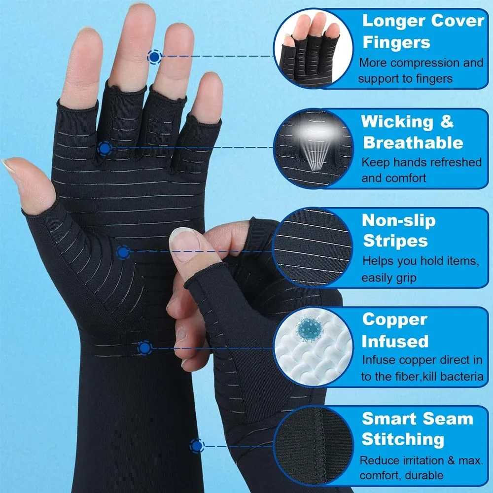 1Pair Copper Infused Long Arthritis Gloves,Extra Long Compression for Carpal Tunnel,Hand Support for Computer Typing Women Men