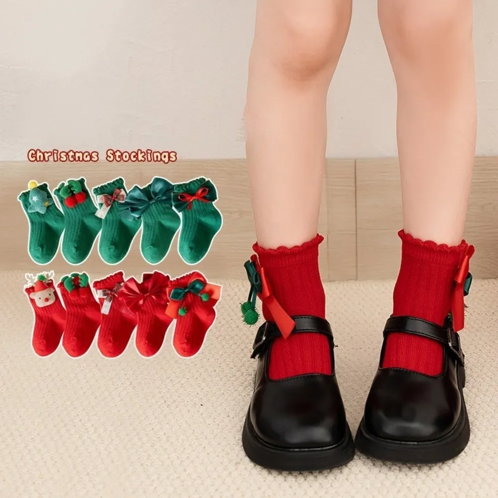 New Bow Calf Sock Red Green Cotton Leg Warmers New Year Socks Autumn and Winter