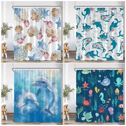 Cartoon Ocean Animals Shower Curtain Shark Dolphin Octopus Starfish Conch Kids Bath Curtains Polyester Bathroom Decor with Hooks