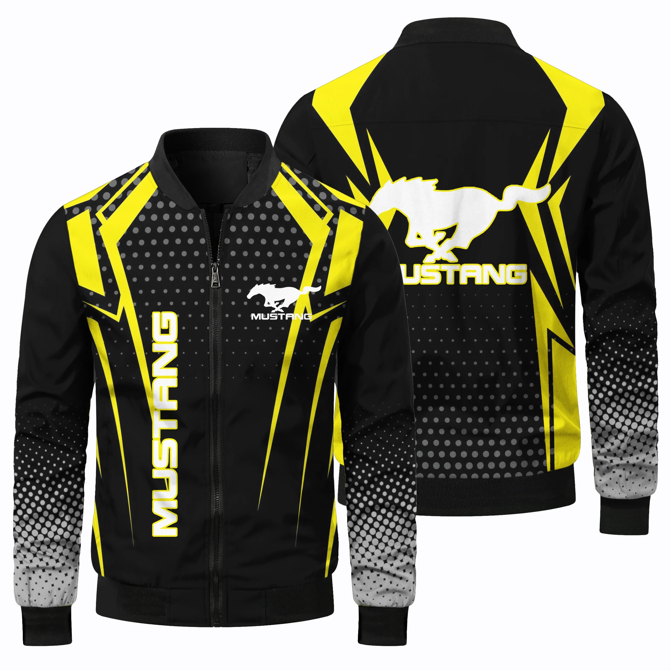 3D Racing Mustang Pattern Jacket Fashion Zipper Top Daily Outdoor Sports Off-Road Cycling Clothing Round Neck Casual Jacket