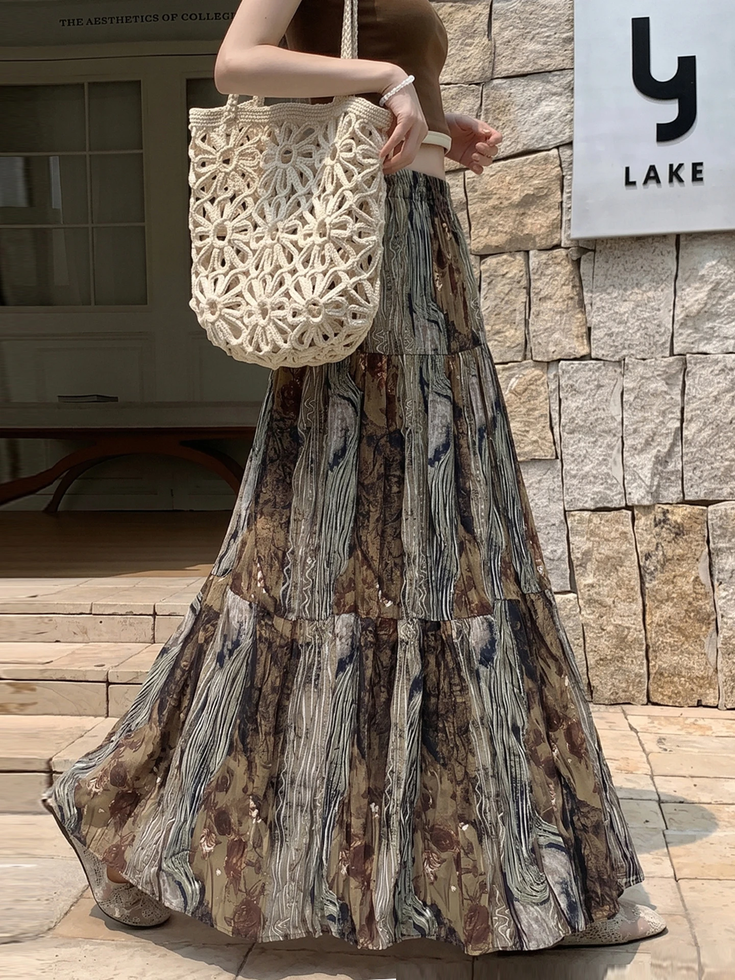 

Retro Print Chiffon A-Line Midi Skirt Women's Summer New High Waist Slimming Hip Covering Drapey Pleated Skirt Korean Style