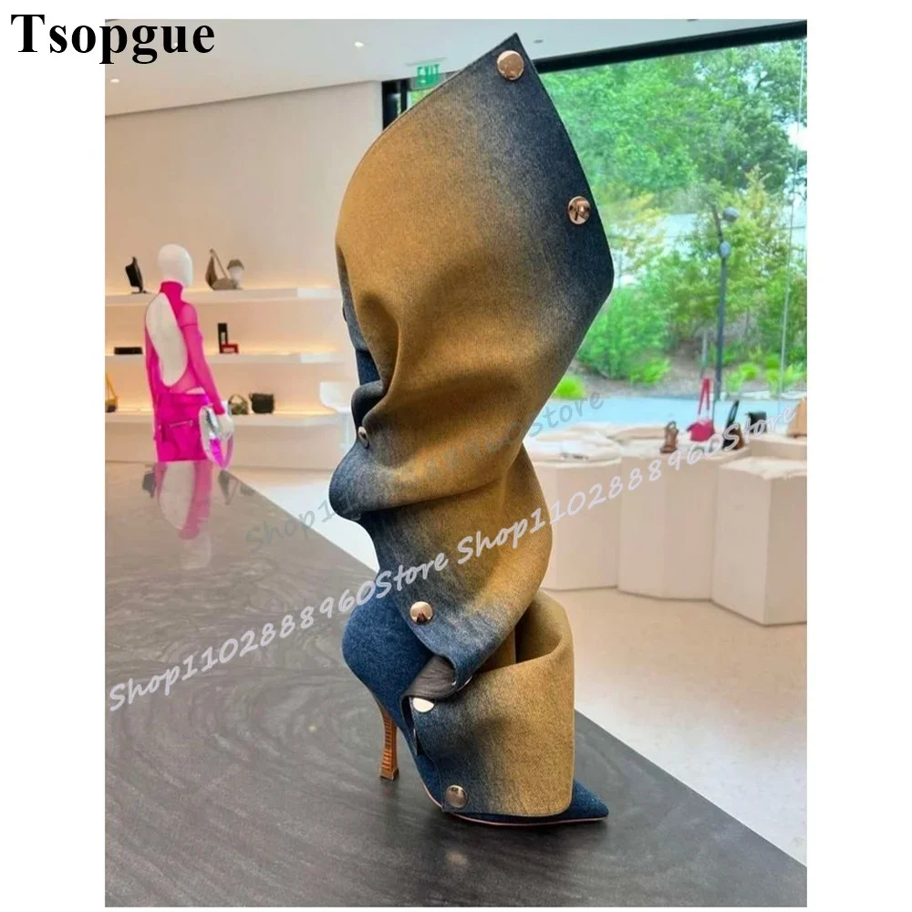 

Gradient Button Pleated Pointy Boots Thin High Heel Women Shoes Back Zipper Pointed Toe Luxury Casual Trending Women Boots