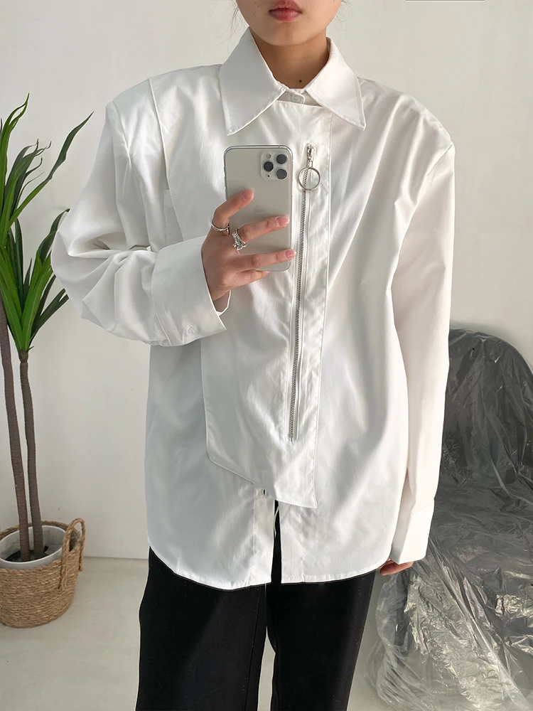 

Dark Pure Color Long Sleeve Shirt Zipper Design Loose Casual Street Style Women's Fashionable Button up Classic Collar Shirt