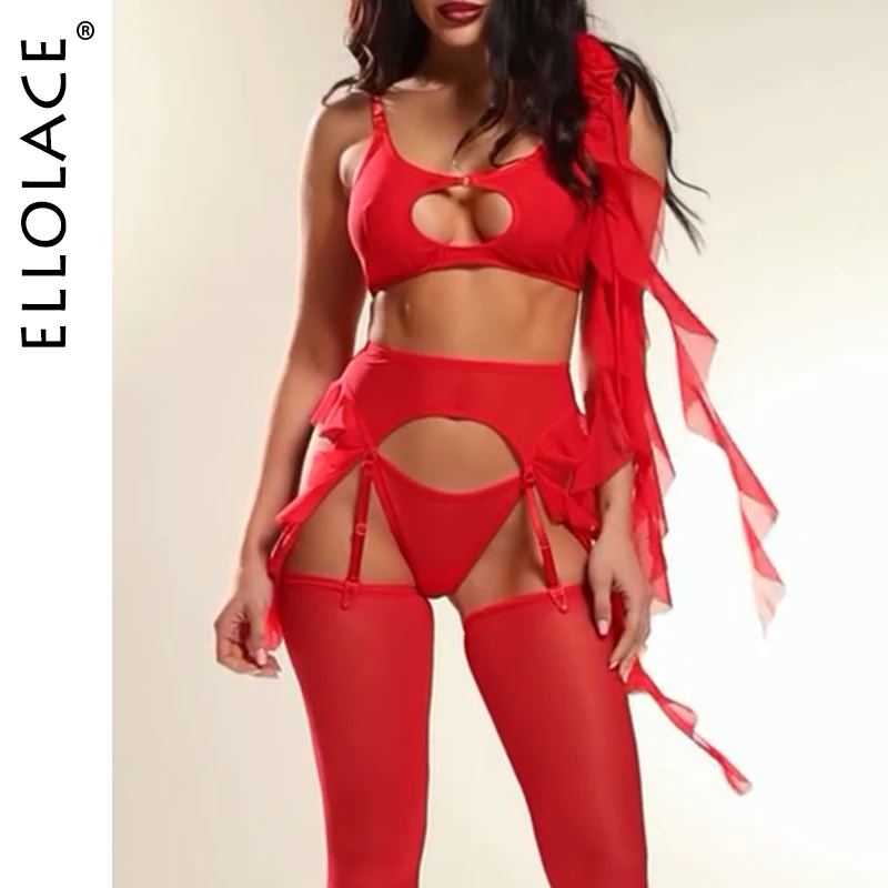 

Ellolace Exclusive Sexy Lingerie Burning Red Rose Tulle 3PC Stockings Ribbon Hollow See Through Frill Underwear Party Costume