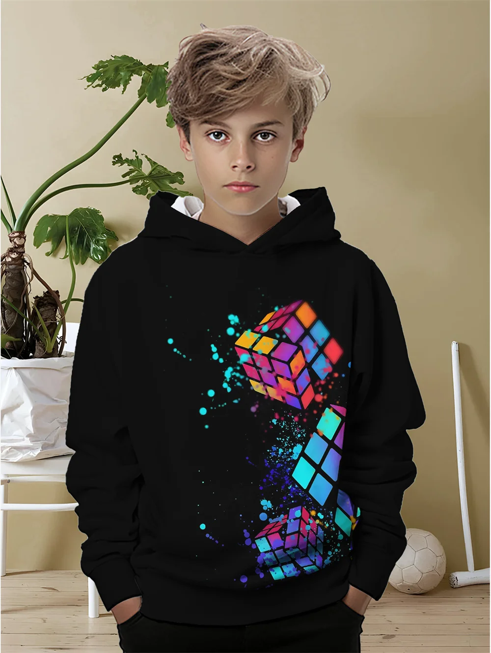 Cubo di Rubik colorato stampato cartone animato moda per bambini vestiti all\'aperto per bambini felpe con cappuccio per bambini vestiti per ragazze