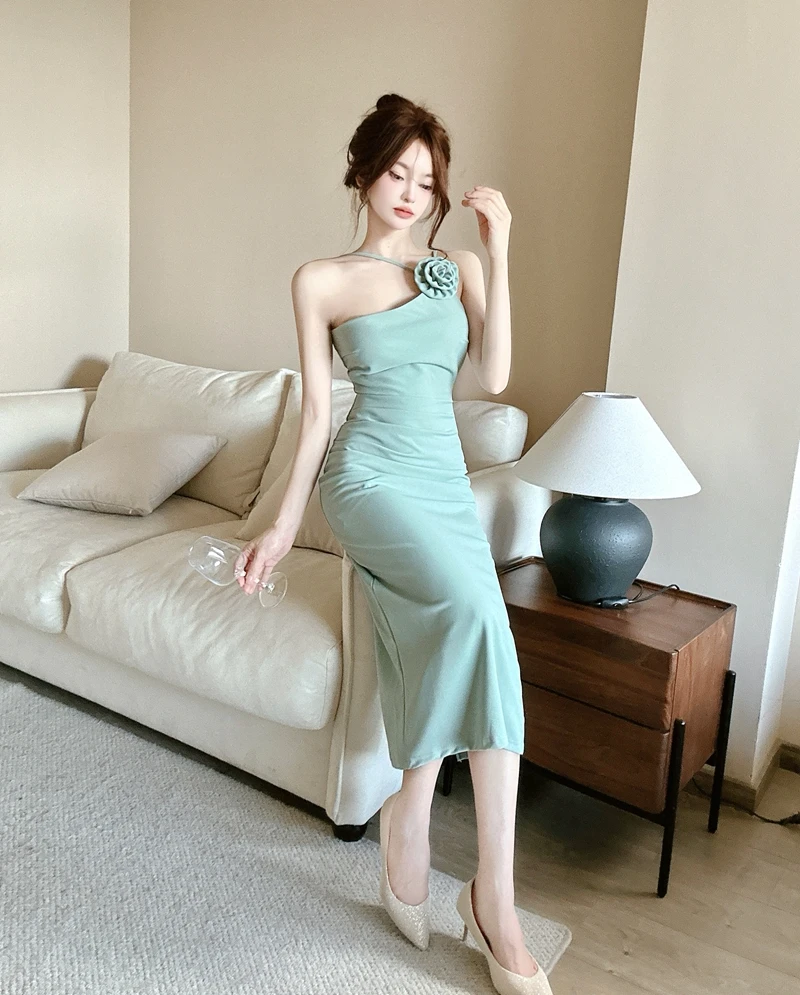 

Mint Green Neck Slimming Halter Pure Lust Premium Sense Sexy Bust Wrap Hip Small Dresses Dresses