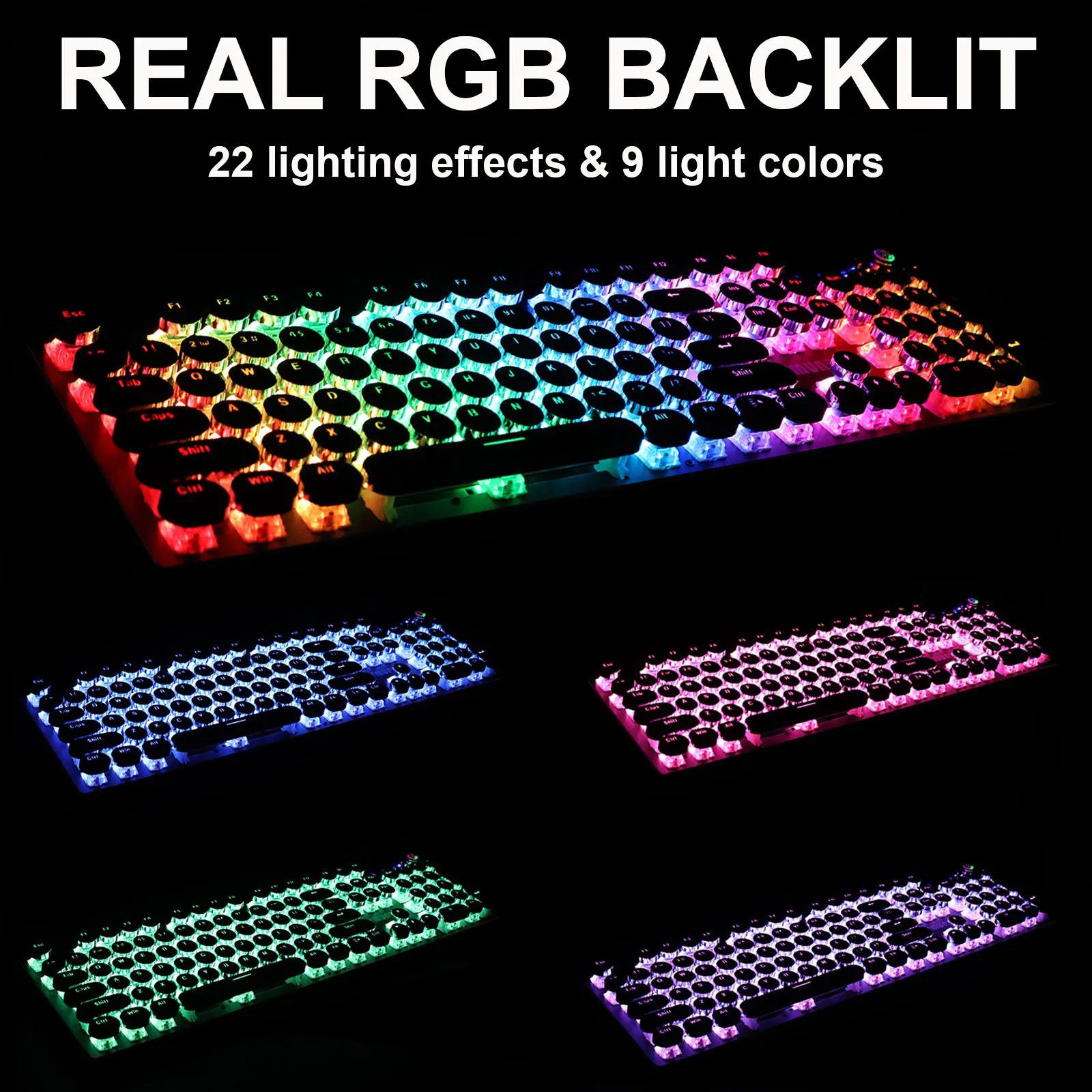 Typewriter Mechanical Gaming Keyboard and Mouse Combo, Rainbow RGB Backlit Wired Keyboards with Blue Switches Round Keycaps