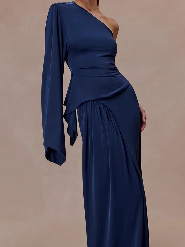 

Elegant Women Solid Commute Satin Sets Fashion Simple Slim Party Set Sexy Slash Collar One-shoulder Sleeve Tops&Half Skirts Sets