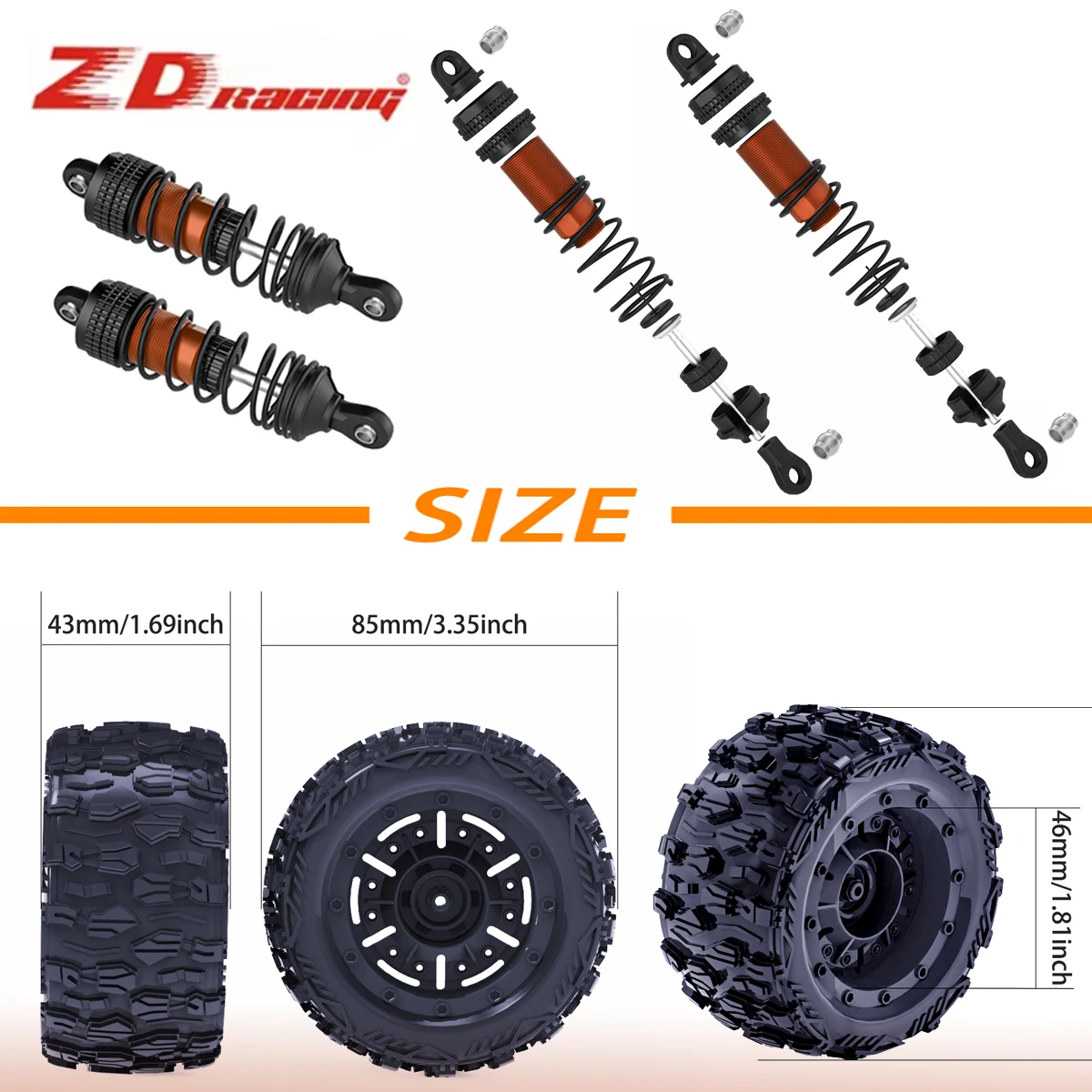 

4PCS 85mm Wheels Tires 12mm Hex Front and Rear Shock absorber For ZD RACING MT-16 1/16 Remote control Off-Road Car Parts
