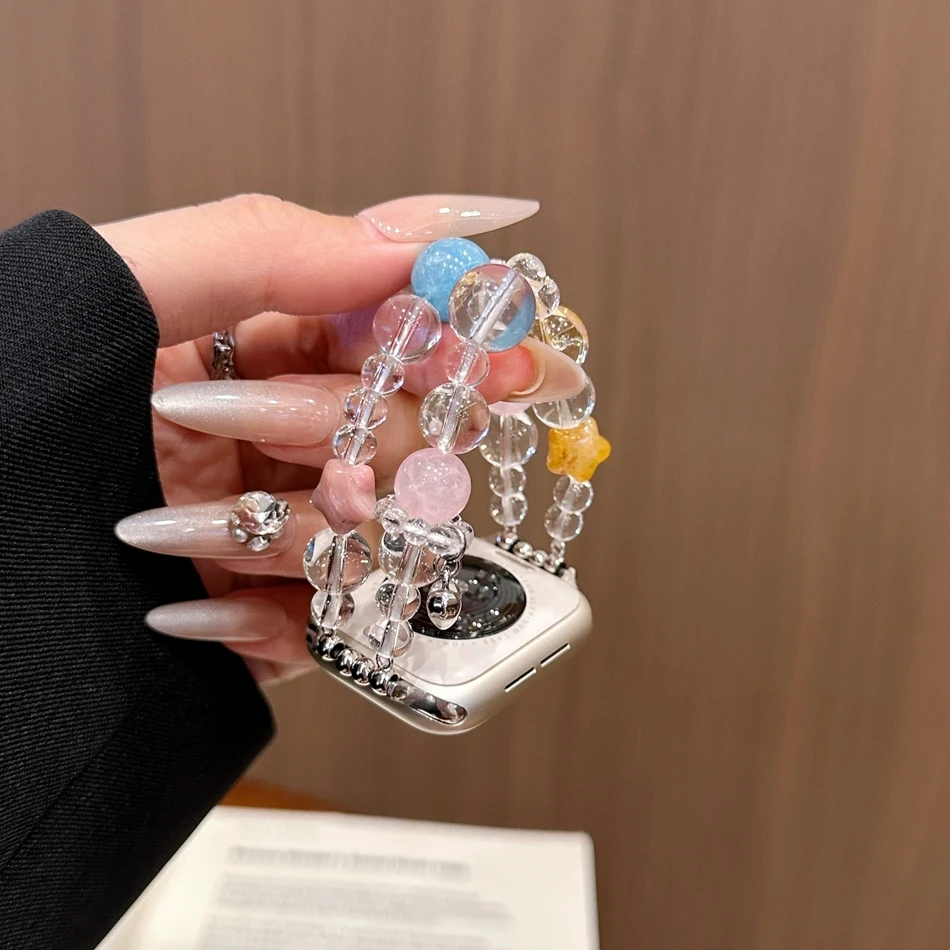 Tali untuk Apple Watch Band S11/10/9/8/7/SE/Ultra IWatch 49/46/45/44/42/41/40/38mm Gelang Elastis Kristal Manik-manik Kristal Modis