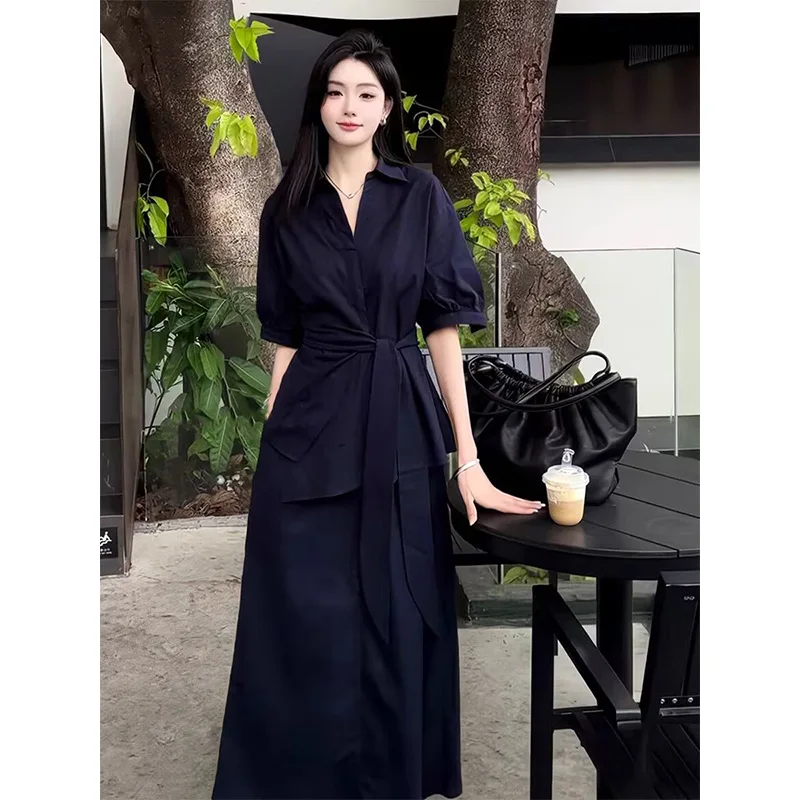 

SuperAen Summer New Fashion Lace-up Waist Turn-down Collar Shirt Women's Elegant A-line Long Skirts Two-piece Sets