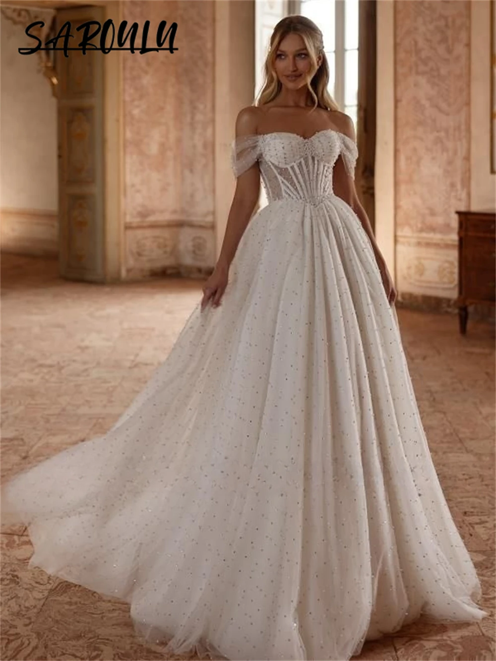 Sweety Off Shoulder Tulle Wedding Dress Sweetheart Pearls Customized Bride Dresses Bones Court Train Plus Size Bridal Gown