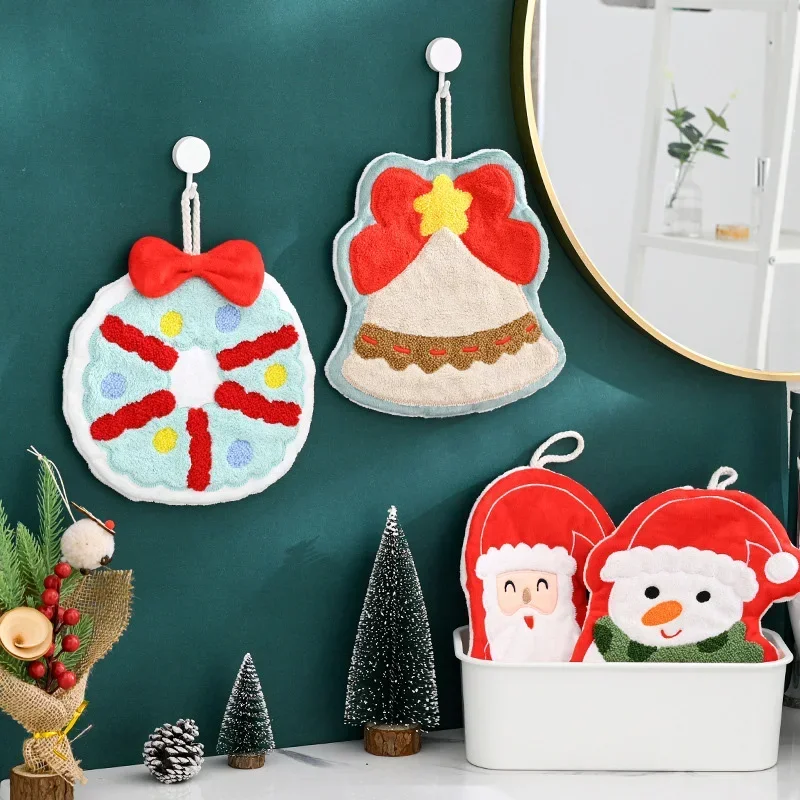 Cartoon Christmas Hand Towel Coral Velvet Absorbent Cleaning Cloth Kitchen Bathroom Christmas Tree Handkerchief Towel