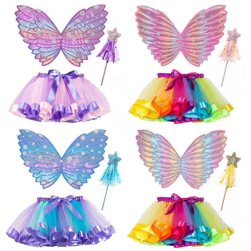 Children's Butterfly Wings Little Girl Fairy Handstick Wonderful Flower Fairy Short Skirt Birthday Performance Dress Princess Gi