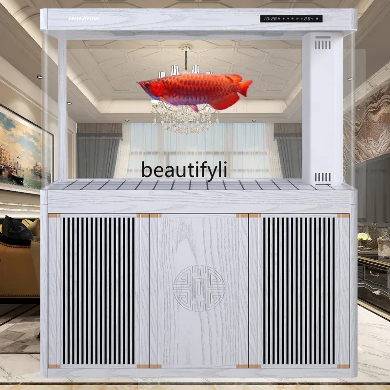 living room floor-to-ceiling aquarium hot bending arc new Chinese water-free bottom filter dragon fish tank