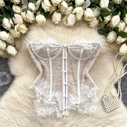 Vintage Mesh Elegant Embroidered Chic Single Breasted Strapless Tank Top Women French Hotsweet Streetwear High Street Clothing