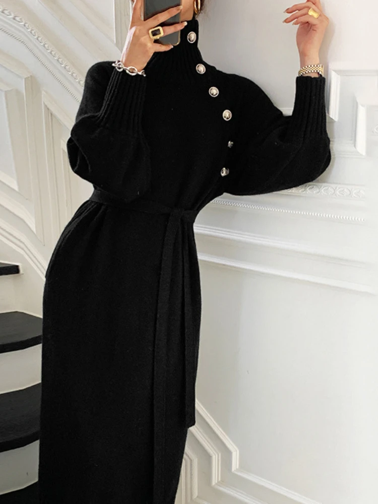 Women's Vintage Long Sleeve Knitwear Loose Buttoned Turtleneck Sweater Dress Autumn Winter Sexy Mid Long Knitted Dresses