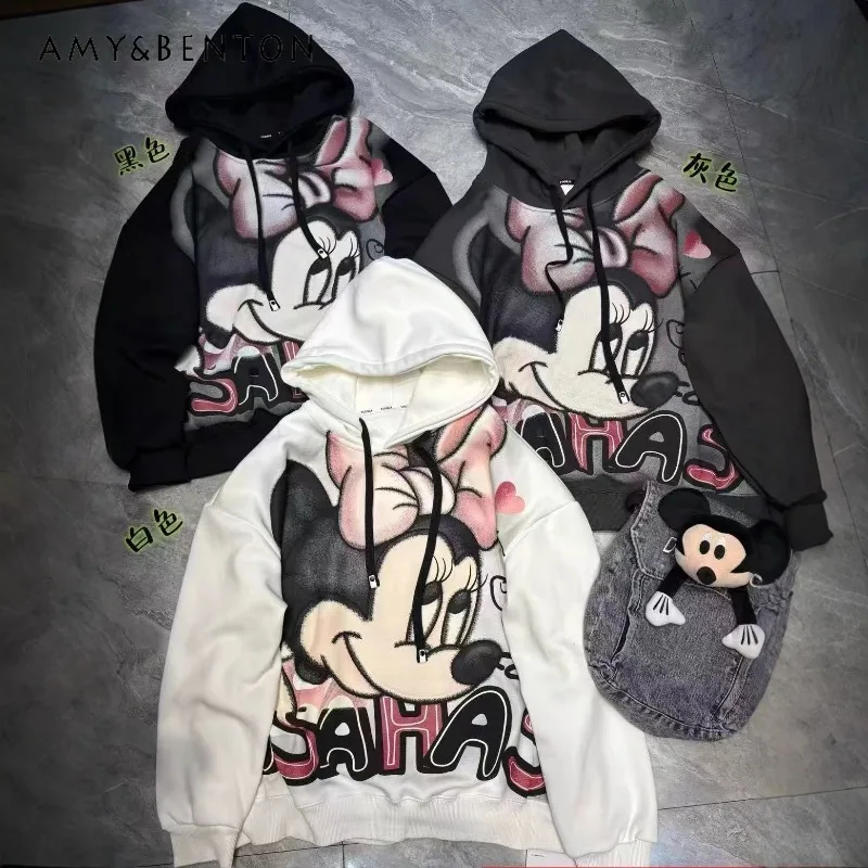

Trendy Fashion 2025 Winter New Large Loose Kawaii Hoodies Heavy Cartoon Patchwork Fleece Warm Sweatshirt Top Long-sleeves Coat