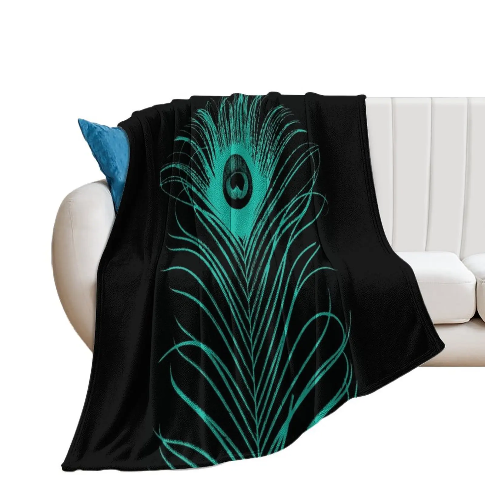 Peacock feather in black and turqoise Throw Blanket Nap funny gift for sofa Soft Big Blankets