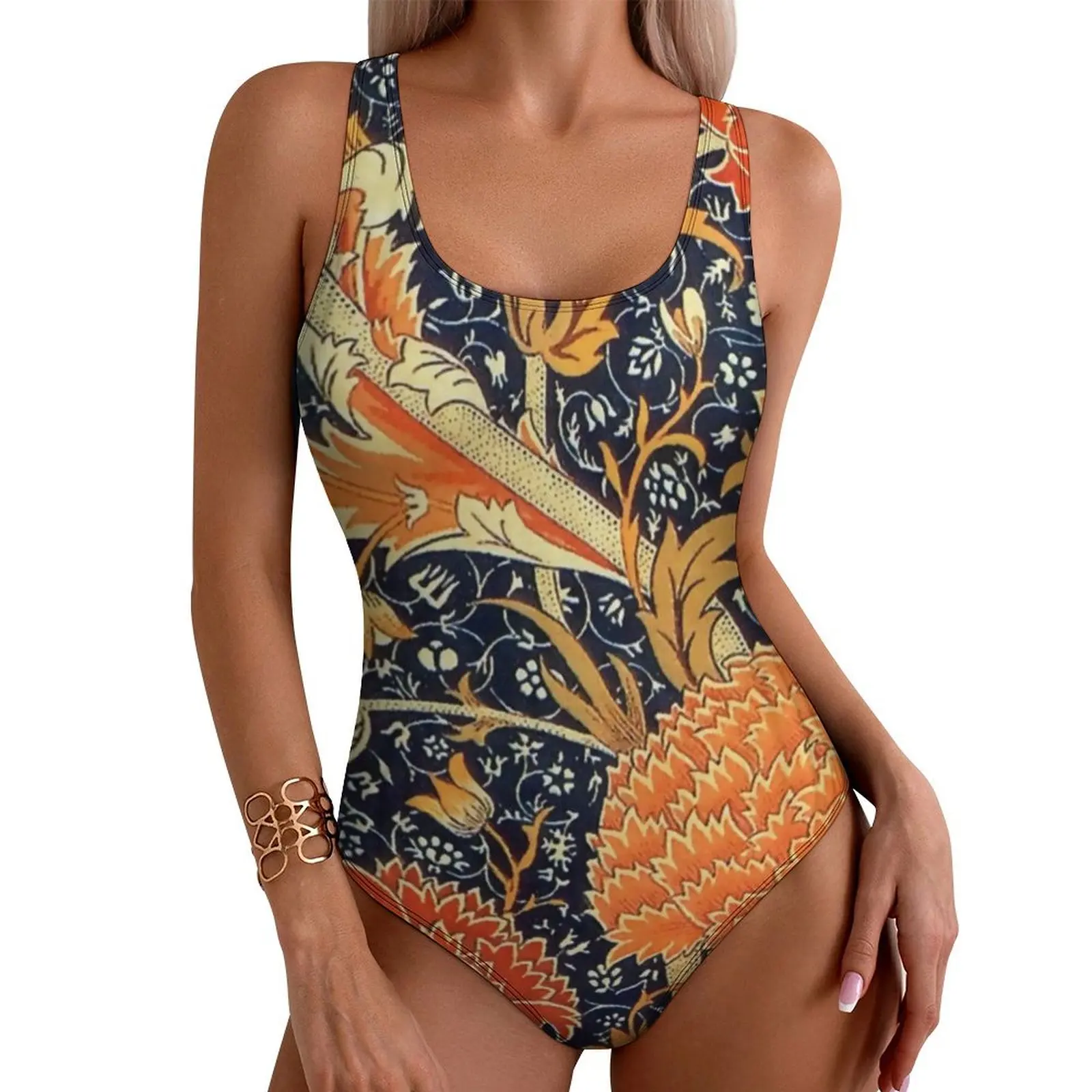 Floral Art Print Swimsuit Vintage Artistic One Piece Swimwear Push Up Classic Bathing Suit Sexy Vacation Bath Beach Outfits