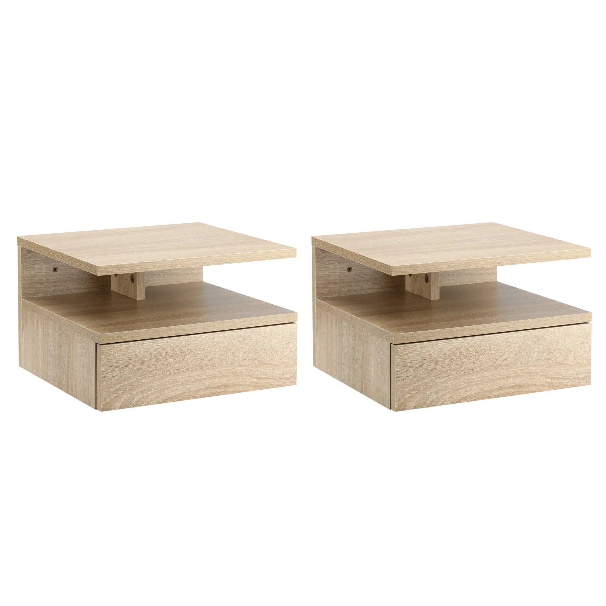 HOMCOM Set of 2 Floating Bedside Table Wall Bedside Bedside Bedside Bedside Table with 1 Drawer and Open Shelf Modern Design for Bedroom 35x32x22,5 cm Oak