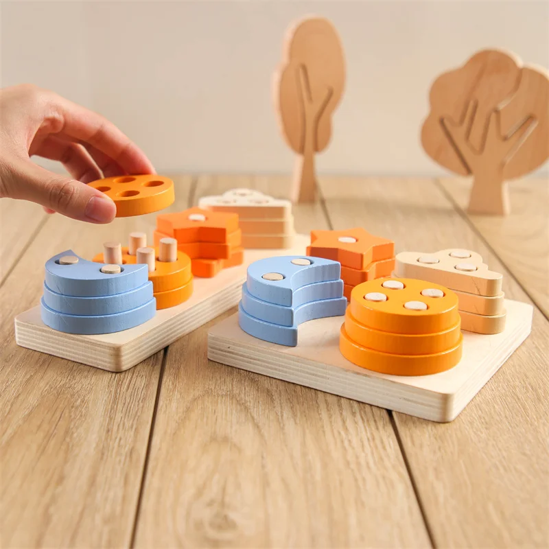 Juguetes Montessori de madera para bebé, bloques de nube, luna, estrella, juguetes apilables, juego de cognición de forma, juguetes Montessori para niños, regalo de cumpleaños