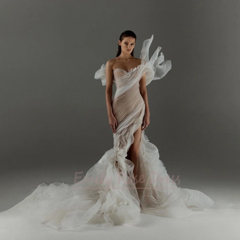 

Stunning White Straples Evening Dress For Women Slim Mermaid Ruffles Side Split Prom Dresses High Quality Vestidos De Gala