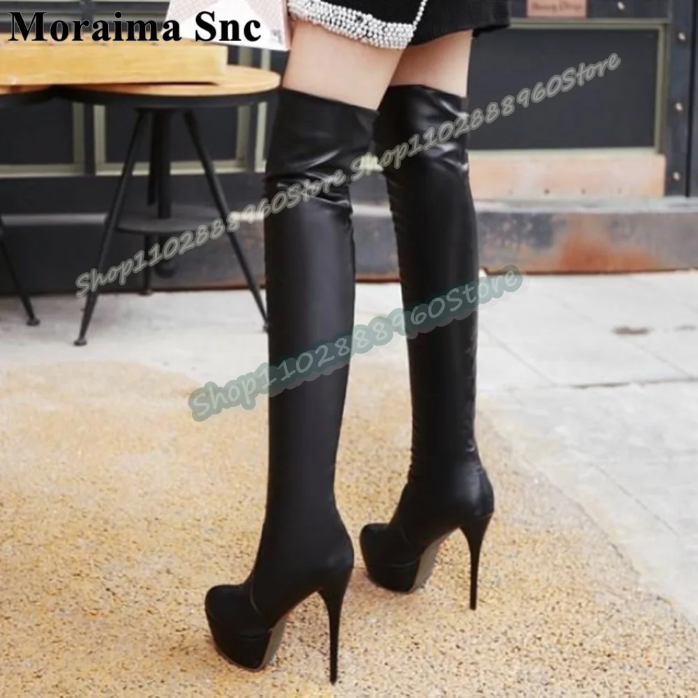 

Over The Knee Black Leather Platform Slim Boots Stilettos High Heel Shoes For Women Side Zipper Round Toe Zapatos Para Mujere