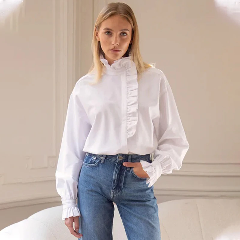 

TARUXY Diagonal-Opening Shirt Women Spring Summer New Fashion Wrinkles Stand-Collar Ruffled Shirt Female Solid Leisure Cardigan