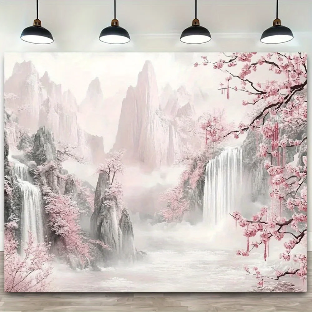 1pc Cherry blossom waterfall print tapestry, polyester fabric, machine washable, suitable for bedrooms and living rooms.