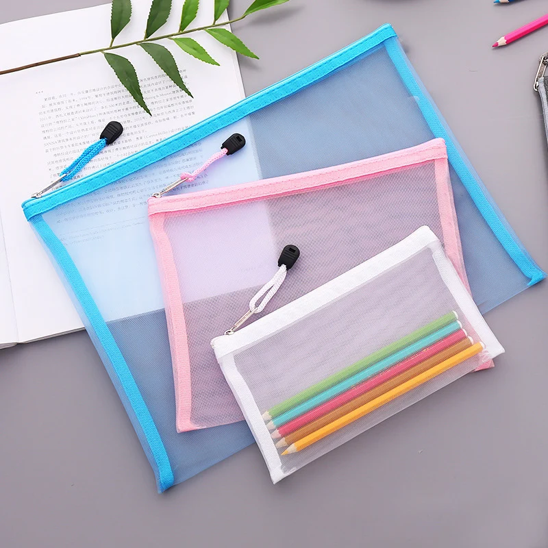 1Pcs Women Mesh Cosmetic Storage Bags A4/A5/A6 Mesh Zipper Pouch Clear Document Bag Book File Folders Stationery Pencil Case