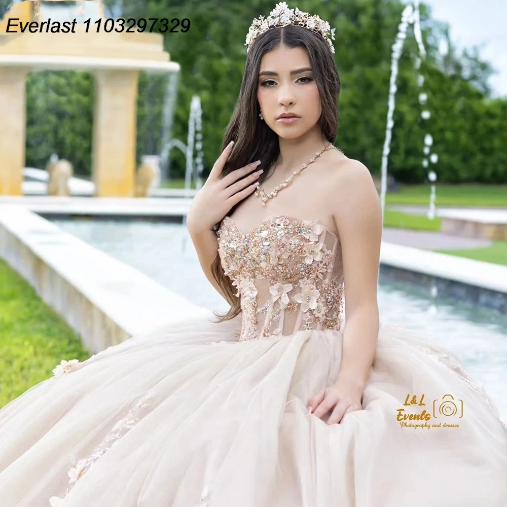 EVLAST Customized Champagne Crystal Beading Ball Gown Quinceanera Dress 3D Flowers Appliques Lace Vestidos De 15 Años TQD837