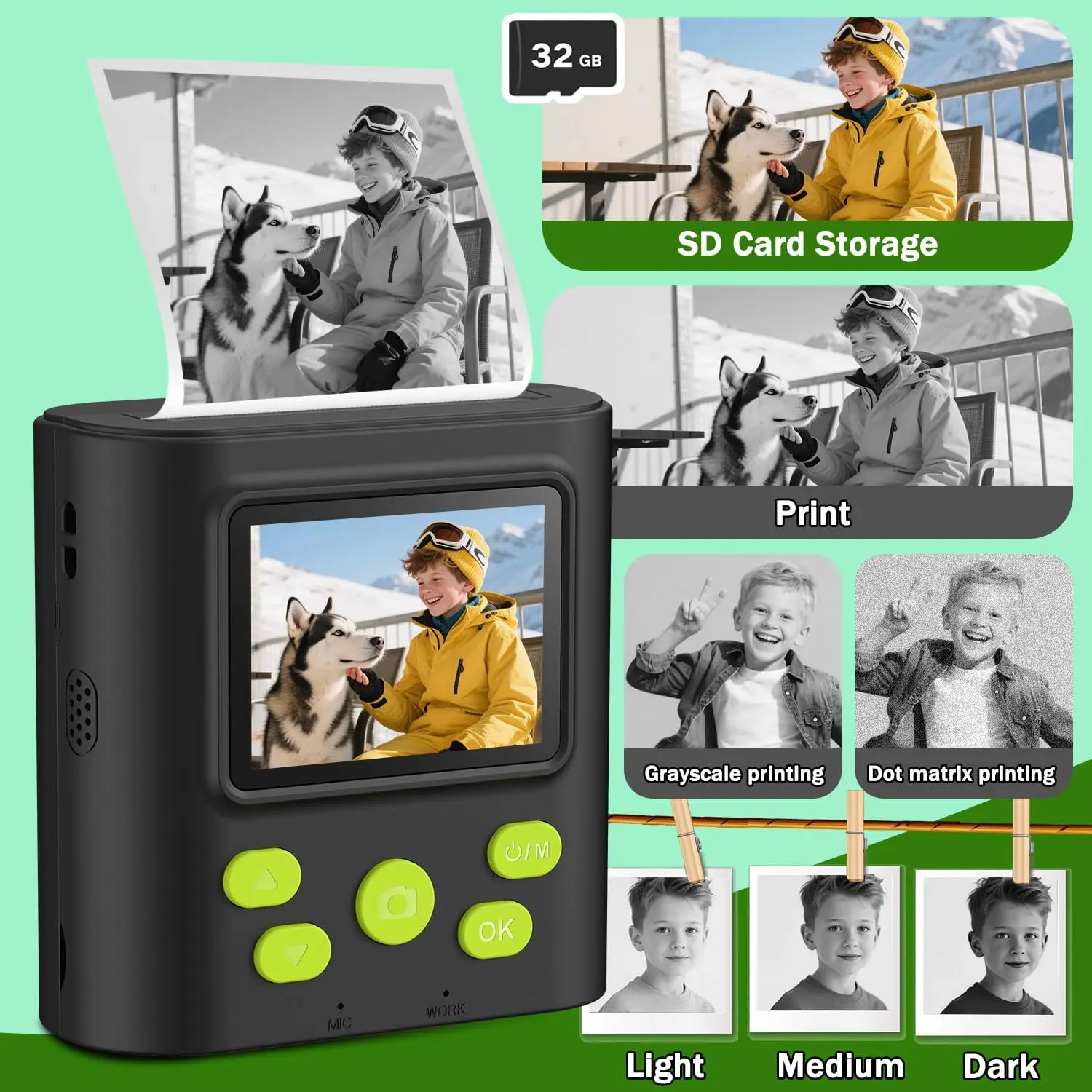 Câmera infantil de impressão instantânea, vídeo digital HD e câmera de impressão instantânea para crianças, presentes de aniversário de Natal, vem com cartão SD de 32 GB