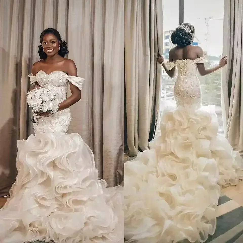 Customized African Sweetheart Shinny Pearls Beads Mermaid Wedding Dress Off the Shoulder Bridal Gown Cascading Ruffles