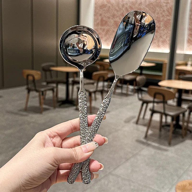 

304 Stainless Steel Ice Crack Long-handled Round Head Eating Spoon, Spoon for Drinking Soup, Household Serving Spoon