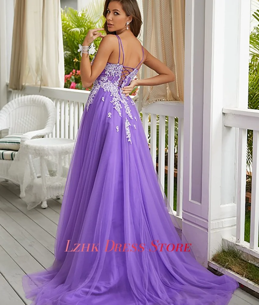 맞춤형 섹시한 오간자 A라인 아플리케 스파게티 스트랩 이브닝 드레스 고품질 V넥 민소매 롱 파티 가운