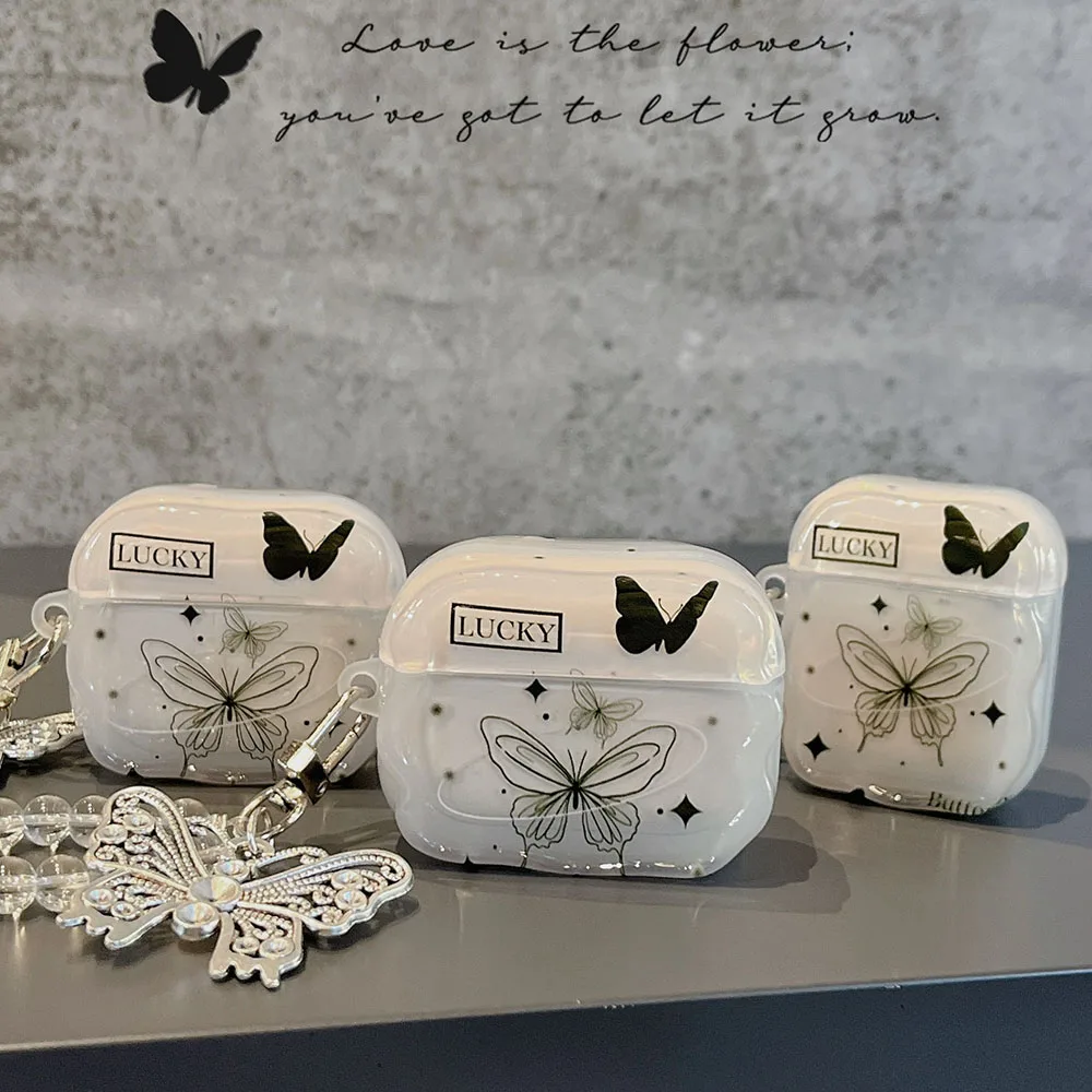 Llavero colgante de mariposa de Metal chapado en negro INS para Apple Airpods Pro 2 1 3 funda de lujo con borde trenzado transparente