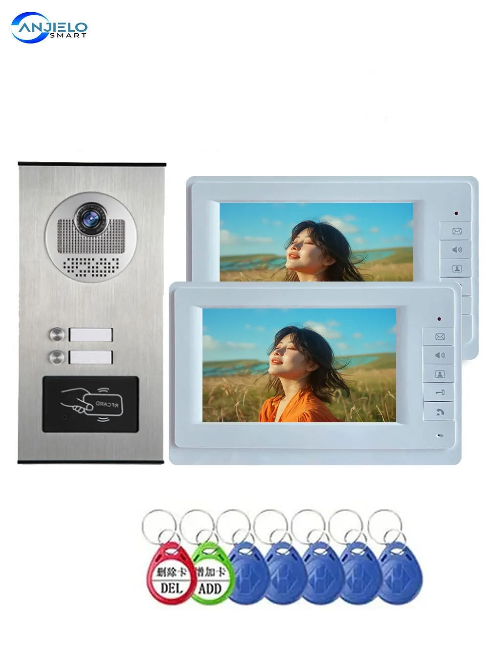 

ANJIELO SMART 7" 4-Wire Video Intercom System, 1080P Metal Doorbell, RFID Unlock, Night Vision, IP55 Waterproof, Tuya Smart Home