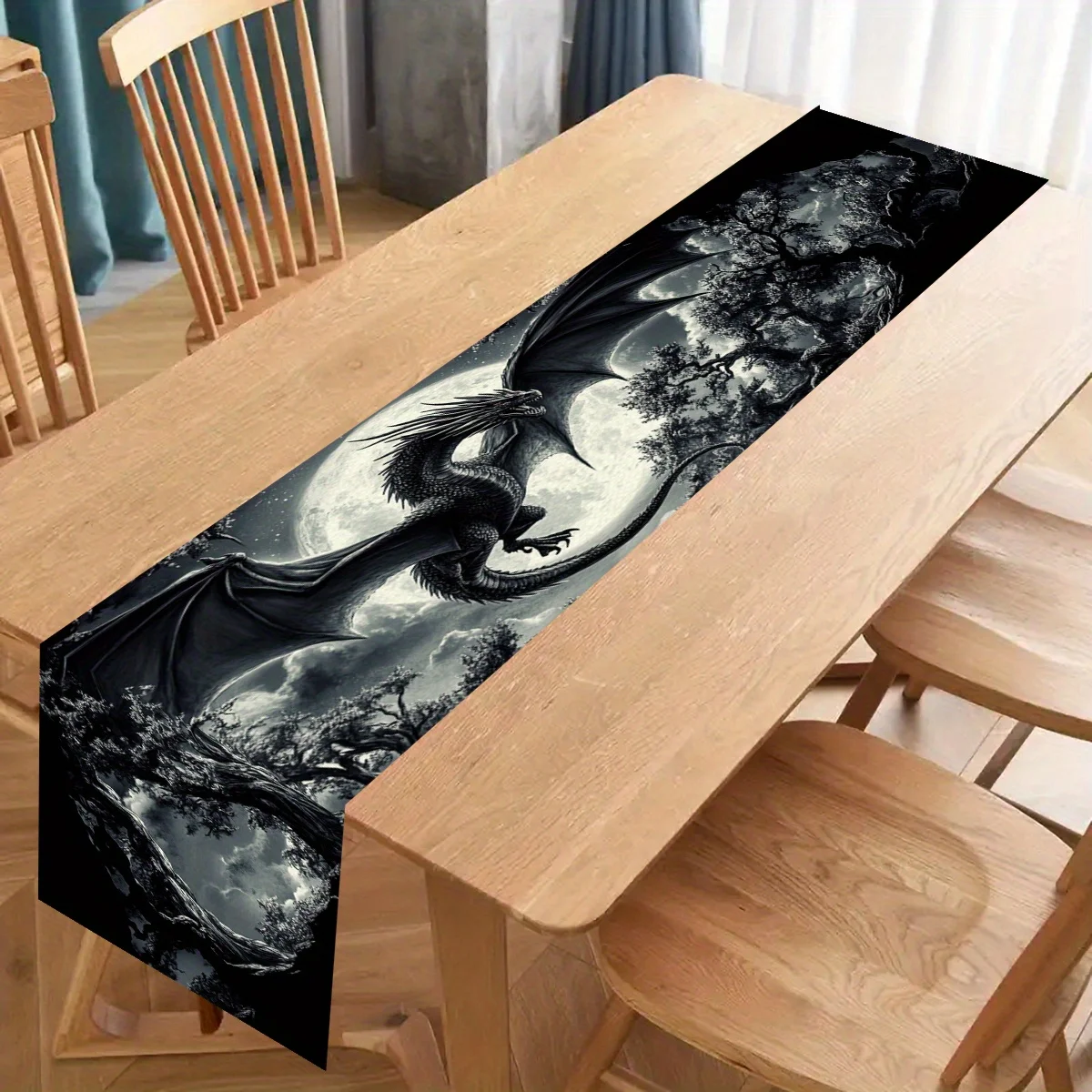 

Dark Dragon Table Runner Gothic Fantasy Dining Decor Table Decoration for Kitchen Game Room Medieval-Themed Parties
