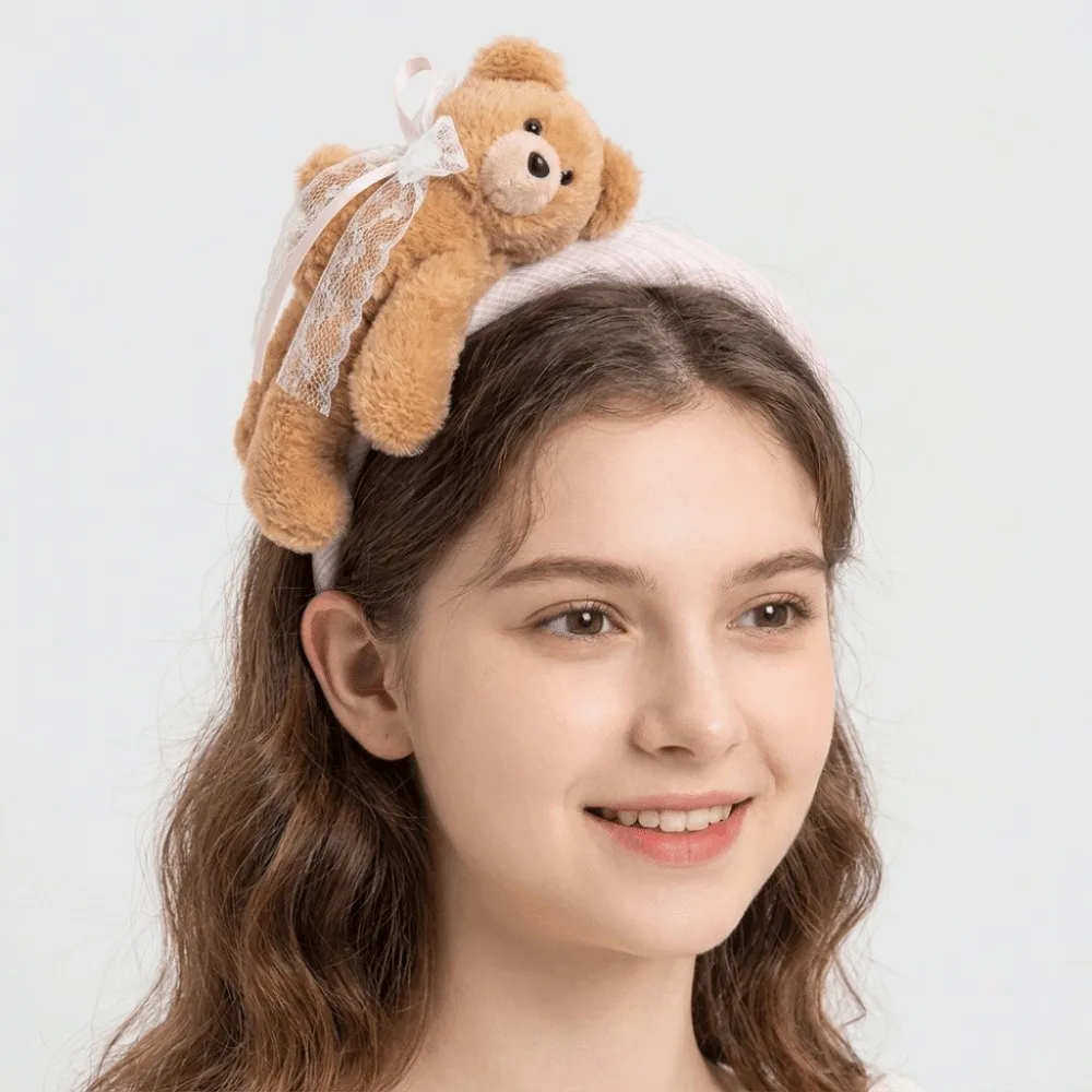 Cute Pink Hair Clip Bear Headband Soft Lace Bow Cartoon Animal Hair Claw Fluffy Lightweight Hair Hoop Makeup