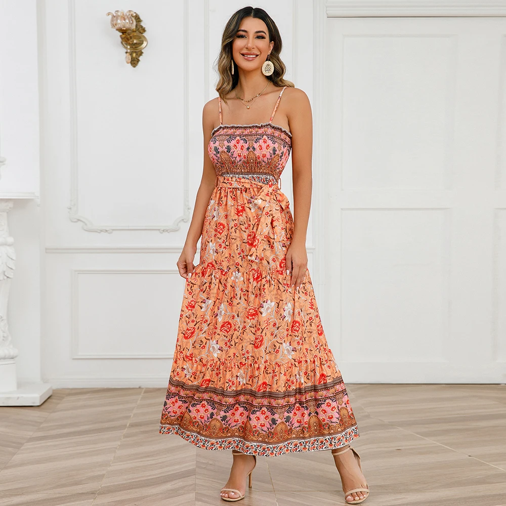 Cozok Frauen lässig Sommer Boho Maxi kleider Krawatte Spaghetti träger Vierkant ausschnitt Blumen Sommerkleid elastisches langes Kleid