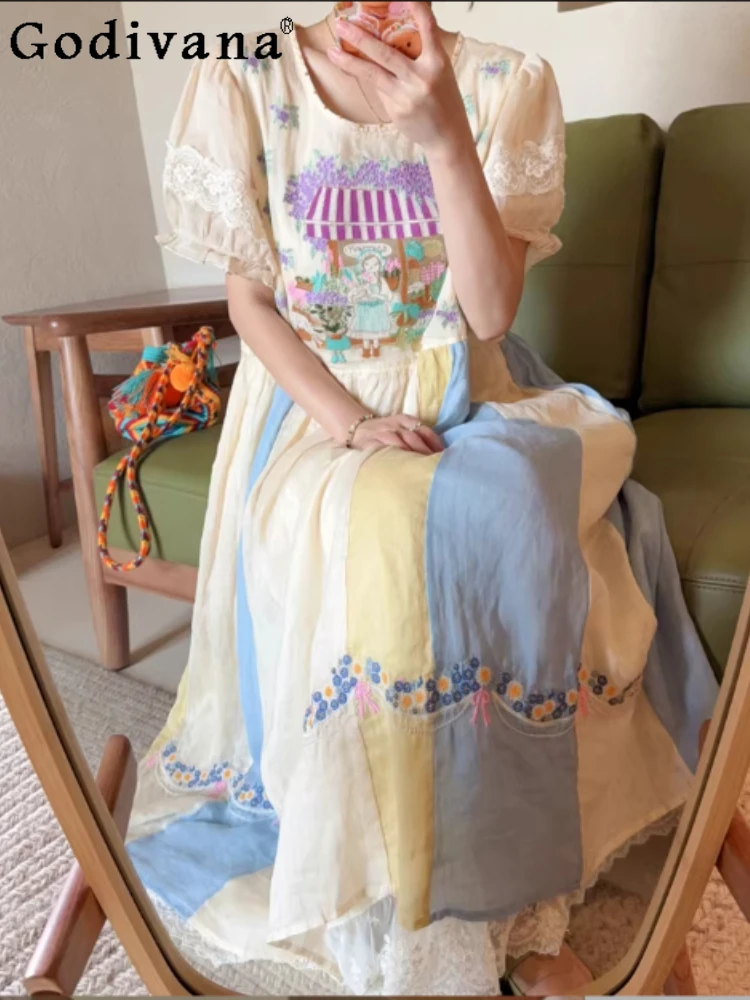 

Summer Short Sleeve Lace Embroidery Sweet Loose Crew Neck Dress Fashion High Waist A-line Age Reduction Sweet Fairy Dresses