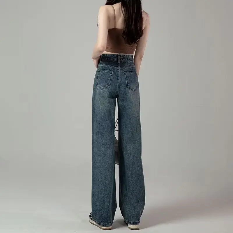 Casual Fashionable Loose Wide Leg Pants Solid Fake Zippers Washed Pockets Button High Waist Women\'s Clothing All Season Jeans