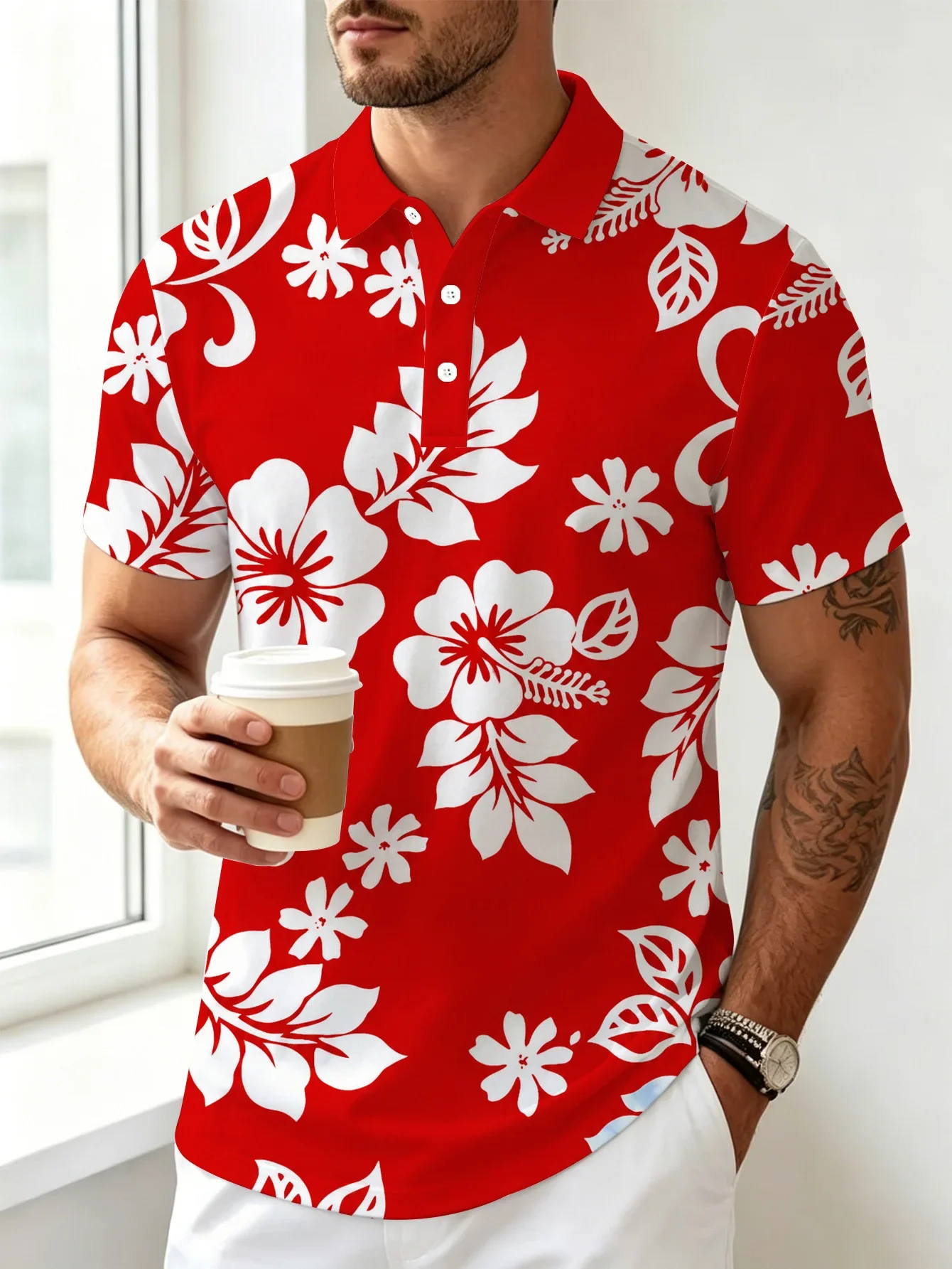 Vibrant Rainbow Tropical Flower Leaf Graphic Men Short Sleeve Button Down Vacation Shirt