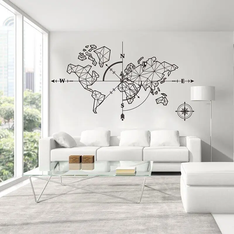 World Map Compass Wall Decals Vinyl Home Decoration Living Room Office Wall Stickers Travel Exploration Global Earth Murals 3B50