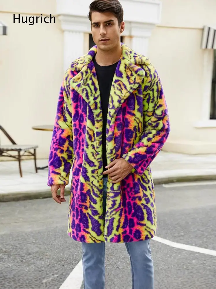 Bold Vibrant Animal Pattern Thick Plush Fur Loose Fit Hip Hop Streetwear Thermal Mid-Long Outerwear