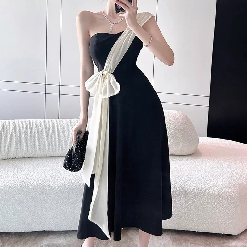 Black Elegant Women Dress One-shoulder Sleeveless Vintage Party Vestido Lady Clothing High Waisted Luxury Design Bodycon